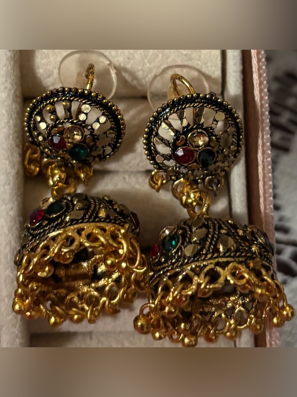 Gold and Black Tone Jhumka Earrings with Red and Green Accents